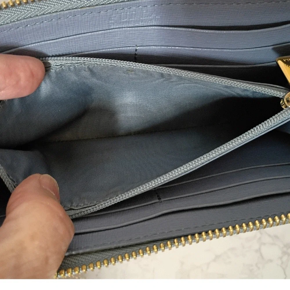 FURLA Babylon Dusty Light Blue Leather Zip Around Wallet - EUC